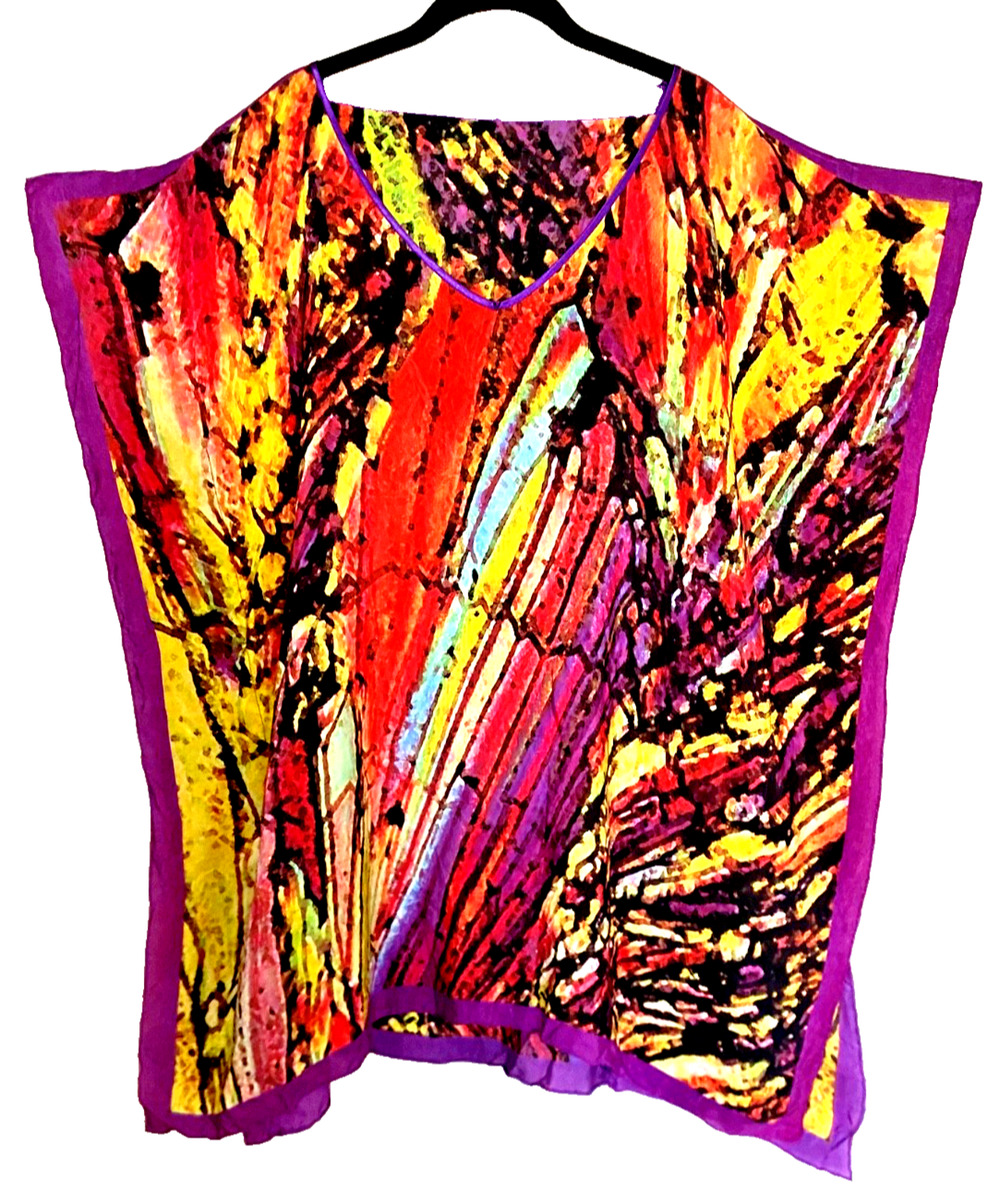 COCOON HOUSE Art to Wear Watercolor Silk Kimono Tunic Top Purple Orange L / XL